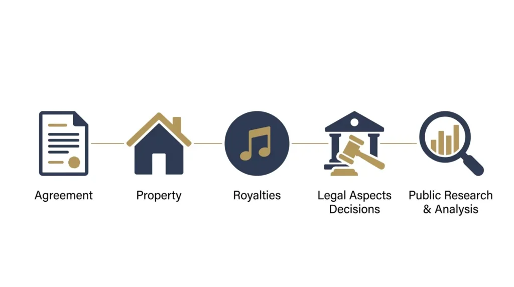"Infographic showing the public data sources used to estimate celebrity net worth: contracts, real estate, royalties, court records, and research"